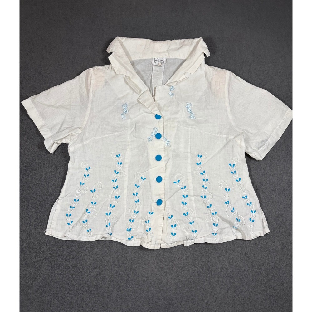 Ranee Button Up Shirt Womens 20 White Linen Embroidered Short Sleeve